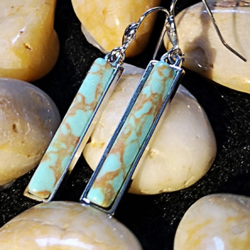 🤠Western Boho Faux Green Blue Long style Silver Earrings Gift Turquoise Boho - Picture 2 of 4